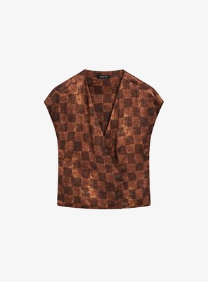 Short-sleeve top with a V-neck, featuring a brown checkered pattern and smooth texture. Material exhibits a soft, slightly glossy finish.