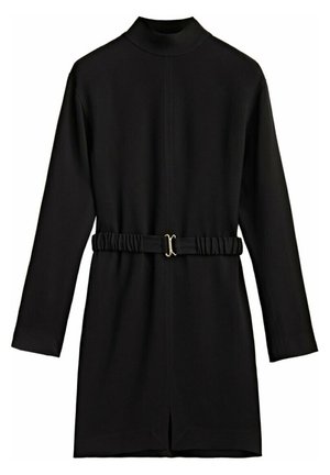 Black dress with a high neck, long sleeves, and a belted waist. Features a smooth fabric, subtle pleats on the belt, and a front slit.