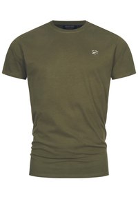 T-shirt vert olive uni à manches courtes avec petit logo blanc et texte "EST. 1992" sur la poitrine gauche et col rond.