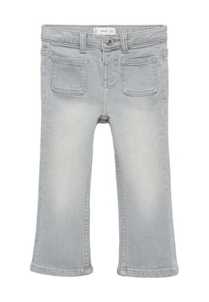 Ljust grå denimjeans med en urtvättad finish, fem fickor, knappstängning och lätt utsvängning vid ankeln. Har synliga söm detaljer.