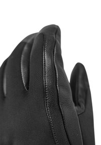 Schwarze Handschuhe mit einer glatten Lederhandfläche und einem strukturierten Stoffrücken. Das Design umfasst feine Nähte und geschwungene Fingerkuppen-Konturen.
