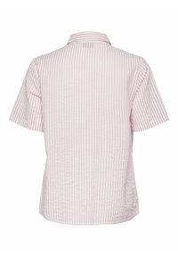Camicia a maniche corte di un rosa chiaro con strisce verticali bianche, dotata di colletto classico e vestibilità comoda. Realizzata in un tessuto leggero.