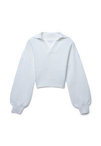 Biały, dziany krótki sweter z szerokim kołnierzem, głębokim dekoltem w kształcie litery V oraz rękawami w kształcie balonu. Teksturowana tkanina z prążkowanymi akcentami na rękawach i dolnym skraju.