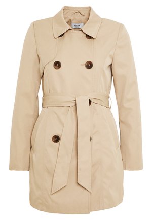 Beige Trenchcoat aus glattem Stoff mit doppelreihiger Knopfleiste, einem Gürtel in der Taille und zwei seitlichen Taschen.