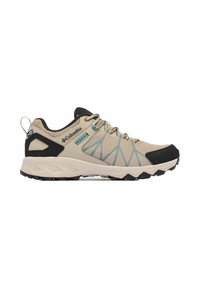 Scarpa da ginnastica beige e nera con tomaia in rete, caratterizzata da dettagli blu chiaro, suola testurizzata e un linguetta sul tallone per indossarla facilmente.