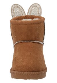 Brun nubuck känga med pälsig insida, med glittriga öron upptill och vita sömnadsdetaljer. Platt gummisula för bra grepp.