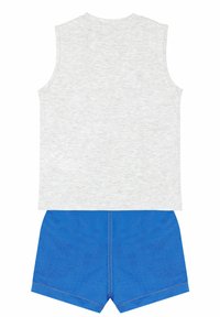 Gray sleeveless shirt with a textured finish paired with blue shorts featuring a smooth texture and contrasting yellow stitching.