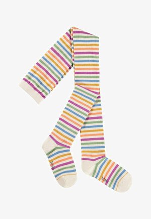 Kinderkousenbroeken met horizontale strepen in paars, oranje, groen, blauw en roze op een witte achtergrond, met voeten.