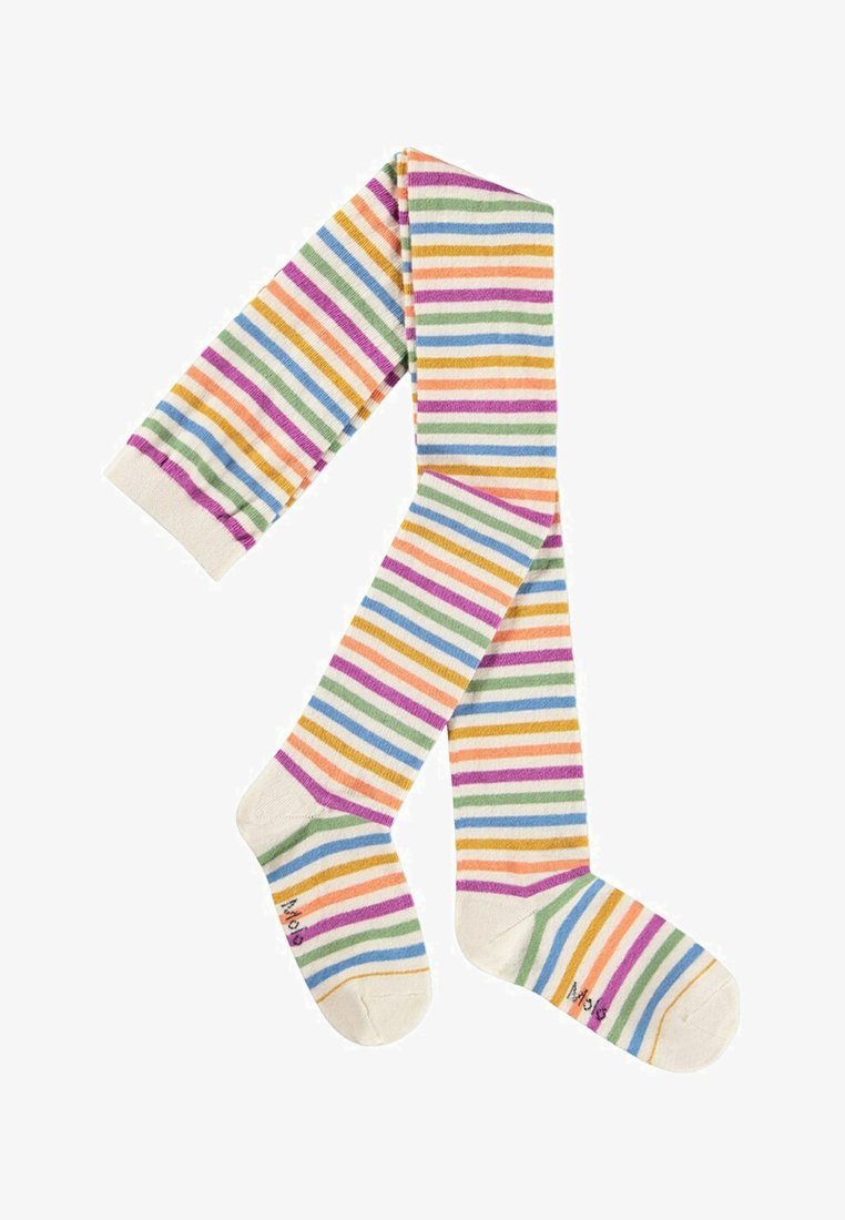 Collant per bambini con righe orizzontali in viola, arancione, verde, blu e rosa su sfondo bianco, con estremità coprenti per i piedi.