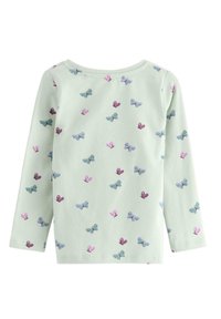 Lys grøn langærmet skjorte med et gentaget sommerfugl mønster i pink og blå. Blødt stof med rund hals og normal pasform.