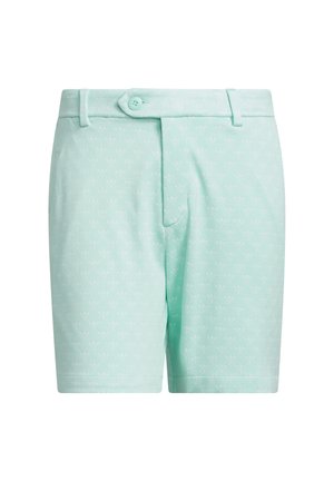 Pantaloni scurți croiți, de culoare verde mentă deschis, cu o curea cu nasture la talie și un model texturat subtil, lungime până la genunchi, cu șlițe pentru curea.