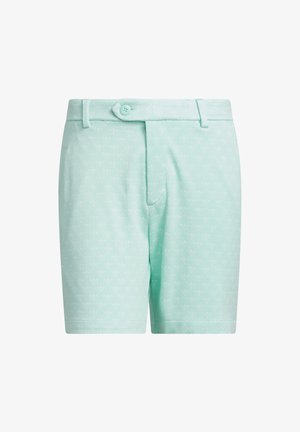 Pantaloni scurți croiți, de culoare verde mentă deschis, cu o curea cu nasture la talie și un model texturat subtil, lungime până la genunchi, cu șlițe pentru curea.