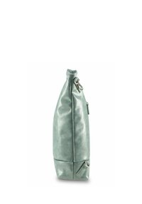 Borsa verde in similpelle con una forma strutturata, dotata di chiusura con zip e dettagli in metallo. Texture liscia e design minimalista.