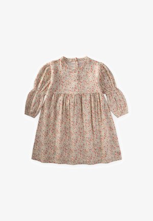 Vestido beige claro con un patrón floral en rosa y azul. Presenta mangas largas abullonadas y una cintura fruncida. Escote redondeado con cierre de botón.