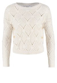 Texturerad krämfärgad stickad tröja med ett diamantmönster, rund hals, långa ärmar och dekorativa knappar på sidan.