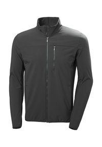 Chaqueta softshell negra de manga larga con cremallera completa en el frente, bolsillo en el pecho con cremallera y cuello alto, mostrada sobre un fondo blanco.