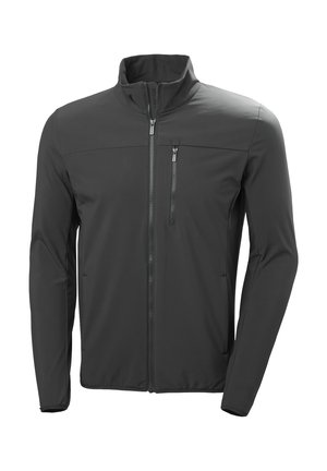 Chaqueta softshell negra de manga larga con cremallera completa en el frente, bolsillo en el pecho con cremallera y cuello alto, mostrada sobre un fondo blanco.