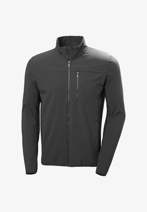 Chaqueta softshell negra de manga larga con cremallera completa en el frente, bolsillo en el pecho con cremallera y cuello alto, mostrada sobre un fondo blanco.