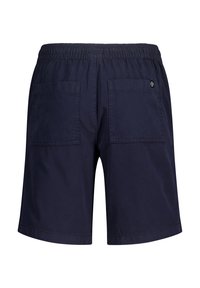 Pantalones cortos azul marino de tela ligera, con cintura elástica, dos bolsillos traseros y detalles de costura.