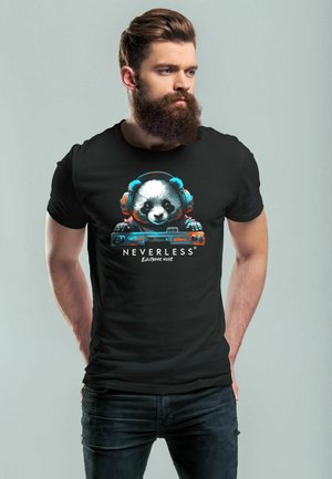 Black cotton t-shirt featuring a colorful panda graphic with headphones and a cassette player, and the text "NEVERLESS Electronic Music" below.