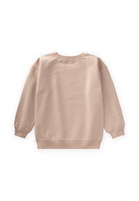 Beige pulóver s širokým výstrihom, dlhými rukávmi, žebrovanými manžetami a lemom, vyrobený z hladkej látky s jemnou textúrou.