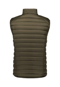 Veste matelassée sans manches de couleur vert olive avec des coutures horizontales et un col montant, vue de dos.