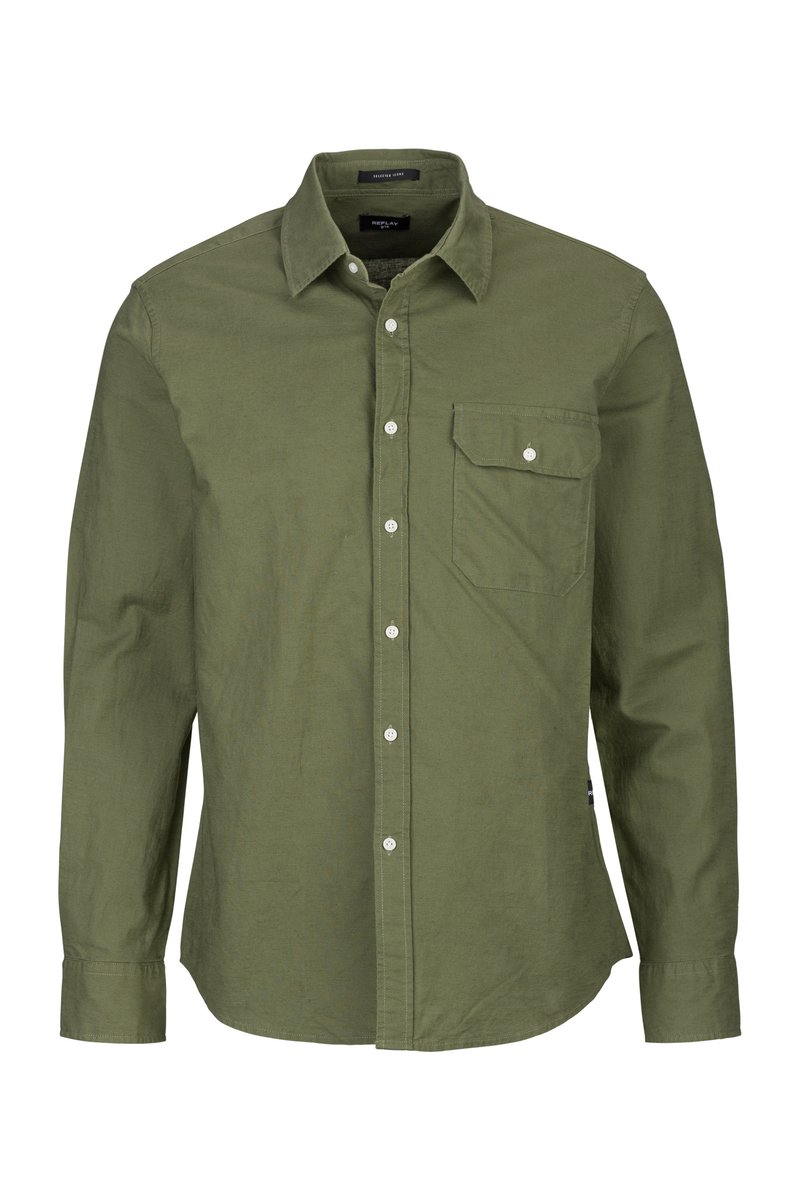 Olijfgroen, langarm button-up shirt met een borstzak, gemaakt van textuurstof, met een standaard kraag en witte knopen.