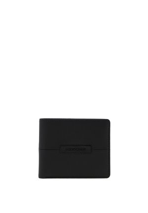 Portefeuille en cuir noir bi-pli avec un patch logo rectangulaire cousu au centre avant.