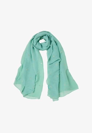 Helltürkisfarbener Schal mit dezenten goldenen Sprenkeln, leichtes strukturiertes Gewebe, locker auf einem weißen Hintergrund gefaltet.