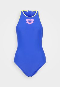 Μπλε ολόσωμο μαγιό με ψηλό γιακά, κίτρινες λεπτομέρειες γύρω από τις μασχάλες και ροζ λογότυπο. Κατασκευασμένο από ελαστικό υλικό κολύμβησης.