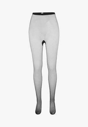Collants résille noirs avec un pied intégral opaque, une taille haute et un motif en losanges uniforme sur toute la surface. Texture lisse et matériau extensible.