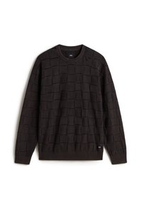 Dark brown sweater featuring a textured square pattern, ribbed round neckline, long sleeves, and woven label at the hem. Soft material.
