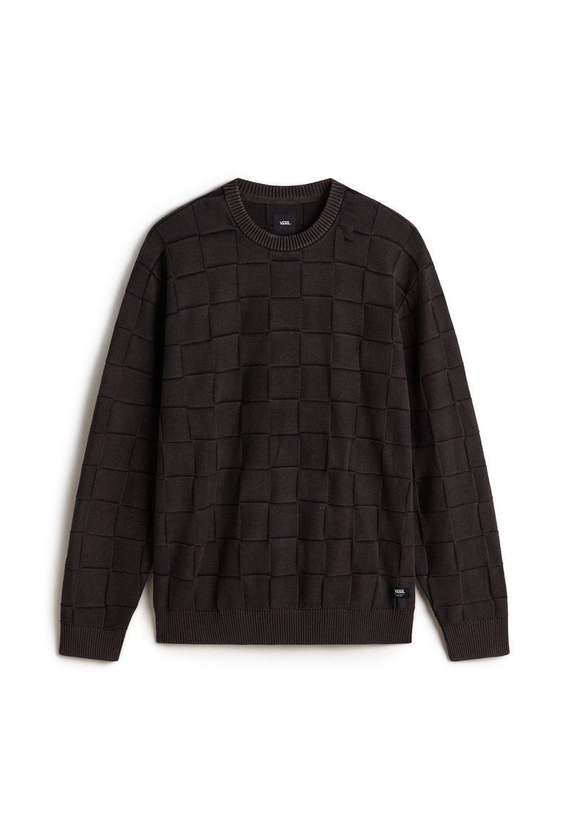 Dark brown sweater featuring a textured square pattern, ribbed round neckline, long sleeves, and woven label at the hem. Soft material.