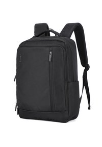 Sac à dos en tissu noir de forme rectangulaire, avec des bretelles rembourrées, plusieurs poches zippées et une poche en mesh sur le côté.