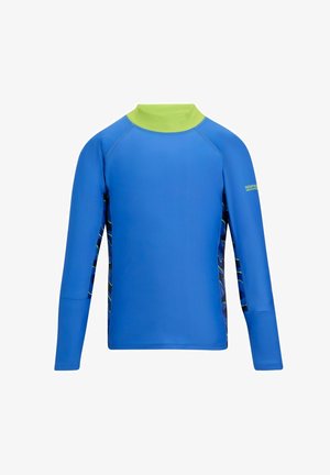 Niebieska rashguard z długim rękawem, z limonkowo-zielonym kołnierzem i bocznymi panelami moro, zaprojektowana do sportów wodnych, z nadrukiem Regatta Great Outdoors na rękawie.