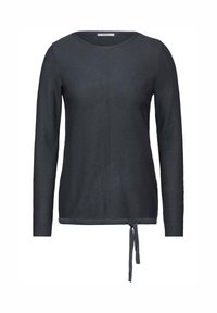 Pull en tricot gris foncé à manches longues avec un col rond et un détail de ficelle sur le côté à l'ourlet.