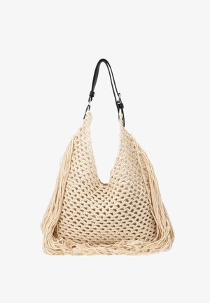 Beige Makramee-Schultertasche mit langen Fransen an den Seiten und einem schwarzen, verstellbaren Lederriemen.