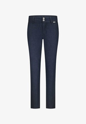 Donkerblauwe denim broek met een rechte snit, voorzien van twee knopen aan de voorkant, subtiele textuur en een strak, minimalistisch ontwerp.