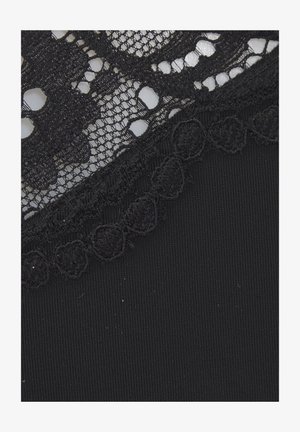 Black lingerie with intricate lace detailing at the top, featuring a smooth fabric beneath and a scalloped lace edge for added texture.