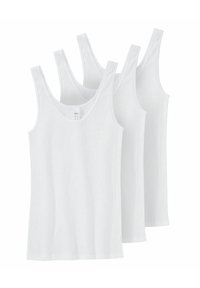 Three plain white sleeveless tank tops stacked side by side, displayed on a white background.