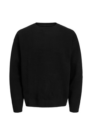 Pull noir à col rond avec manches longues, en tissu doux et texturé. Présente une coupe décontractée et des poignets et un ourlet côtelés.
