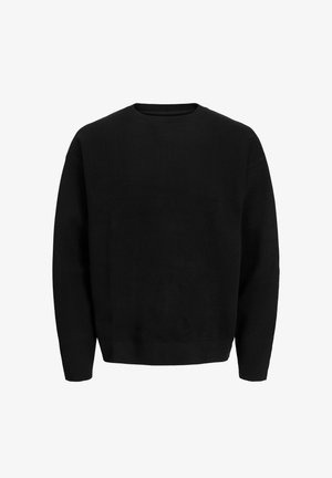 Pull noir à col rond avec manches longues, en tissu doux et texturé. Présente une coupe décontractée et des poignets et un ourlet côtelés.