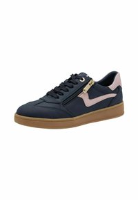 Dark navy sneakers with a light pink accent, textured rubber sole, front laces, and a side zipper feature. Made from smooth synthetic material.
