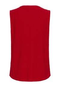 Rotes ärmelloses Oberteil mit einem Diamantmuster und Laserschnittdetails. Glatte Textur und abgerundeter Saum, der eine lässige Passform bietet.
