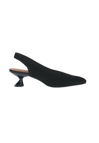 Scarpa slingback nera con punta affusolata, tomaia in tessuto a coste e un caratteristico tacco curvo nero. Rivestimento interno liscio.