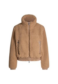 Beżowa, futrzana kurtka z wysokim kołnierzem, zamek błyskawiczny z przodu oraz dwie kieszenie na zamek; dopasowane mankiety i dolny brzeg.