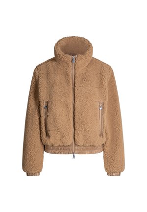 Giacca in pile fuzzy di colore sabbia con colletto alto, chiusura con zip frontale e due tasche con zip; polsini e orlo inferiore aderenti.