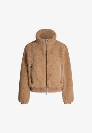 Beżowa, futrzana kurtka z wysokim kołnierzem, zamek błyskawiczny z przodu oraz dwie kieszenie na zamek; dopasowane mankiety i dolny brzeg.