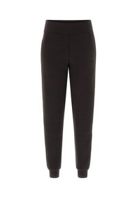 Czarne spodnie dresowe z elastycznym pasem, zwężanymi kostkami i subtelnym logo marki z boku. Wykonane z miękkiego, gładkiego materiału.