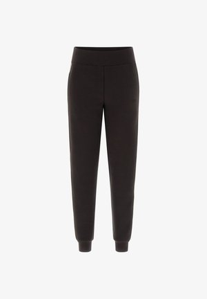 Zwarte joggingbroek met elastische tailleband, afgeknipte enkels en een subtiele merklogo op de zijkant. Gemaakt van zachte, gladde stof.